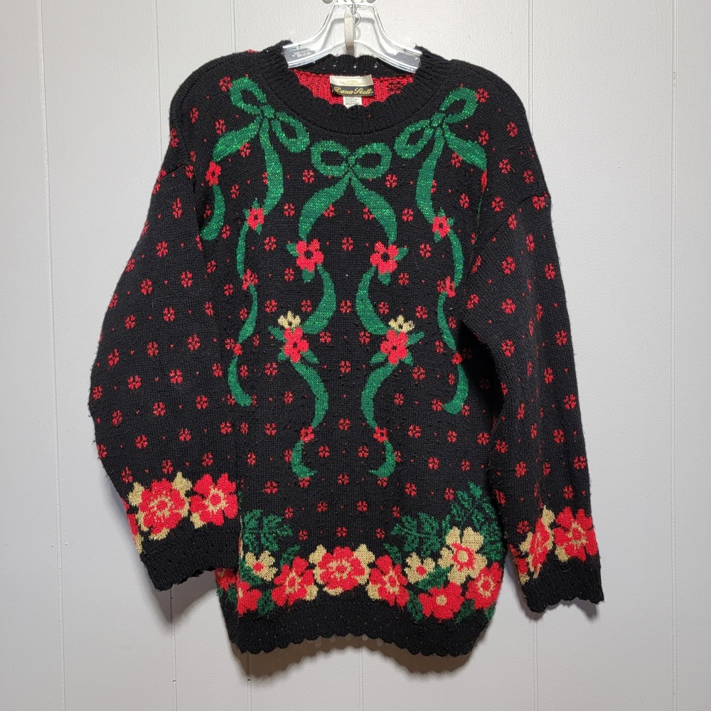 Dana Scott Vintage Holiday Sweater Black Floral Bows Metallic Lurex Medium USA